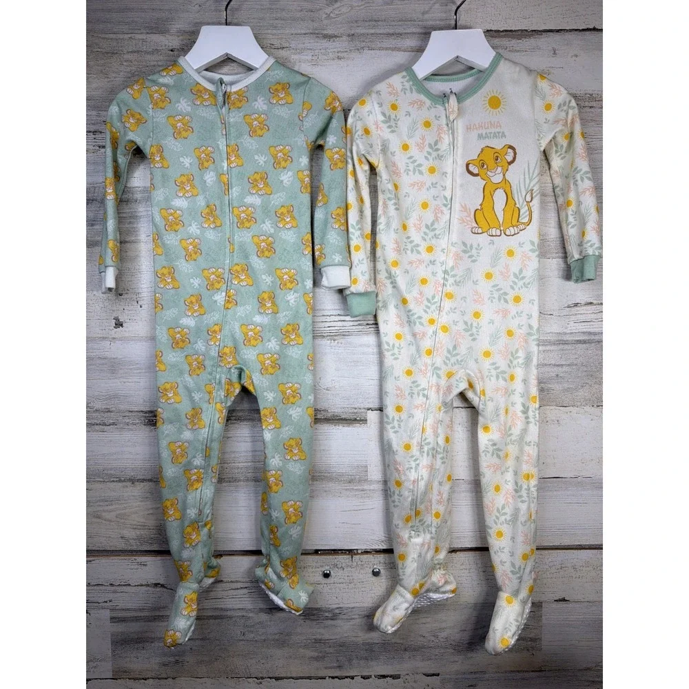 Disney Baby Girls 18M Green Cream Lion King Simba Floral Sleepwear EUC